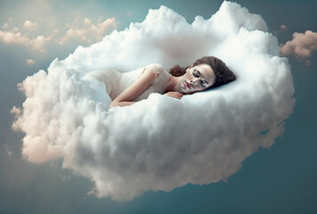 woman sleeping on a cloud - obrazy, fototapety, plakaty