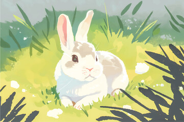 Hop into Fun with this Adorable Vector Rabbit Illustration! Surrounded by Lush Greenery, Trees, and Blooming Flowers, Perfect for Children's Books, Nature-Themed Designs, and Springtime Projects