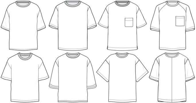 oversized t shirt unisex short sleeve drop shoulder crew neck plain white t shirt flat sketch vector technical cad drawing template