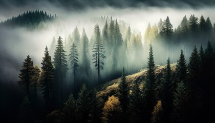 Mystical Fog: Aerial View of a Foggy Forest Landscape