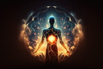 Astral body silhouette with abstract space background. Esoteric, spiritual life and meditation concept. Afterlife and connection with other worlds. Generative AI.