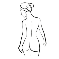 Fototapeta premium Trendy Line Art Drawing of Woman Body. Female Figure Nude Back Line Art Vector Illustration for Wall Decor, Spa, T-shirt, Print, Poster. Female Naked Back Creative Drawing in Modern Linear Style
