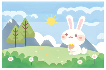 Hop into Fun with this Adorable Vector Rabbit Illustration! Surrounded by Lush Greenery, Trees, and Blooming Flowers, Perfect for Children's Books, Nature-Themed Designs, and Springtime Projects