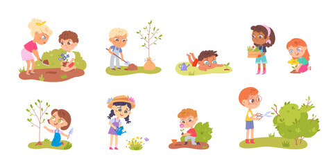 Kids care for green plants, flowers and trees in garden set, boy and girl grow seedlings