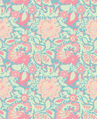 Seamless repeatable pattern with flowers and leaves. Hand drawn digital illustration. 60s vibes. Hippie style. Paisley. Colourful image. 