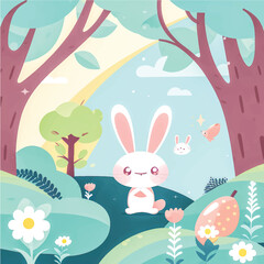 Hop into Fun with this Adorable Vector Rabbit Illustration! Surrounded by Lush Greenery, Trees, and Blooming Flowers, Perfect for Children's Books, Nature-Themed Designs, and Springtime Projects
