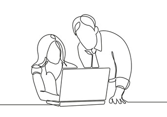 Business Concept Line Drawing Style. Woman and Man Working Together in Office Abstract Line Art Drawing in Modern Trendy Style. Vector Drawing for Business Design, Landing Page, Poster, Banner.