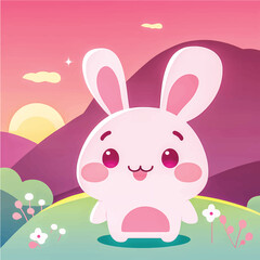 Hop into Fun with this Adorable Vector Rabbit Illustration! Surrounded by Lush Greenery, Trees, and Blooming Flowers, Perfect for Children's Books, Nature-Themed Designs, and Springtime Projects