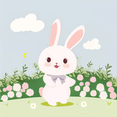 Hop into Fun with this Adorable Vector Rabbit Illustration! Surrounded by Lush Greenery, Trees, and Blooming Flowers, Perfect for Children's Books, Nature-Themed Designs, and Springtime Projects