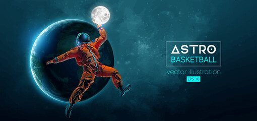 Basketball player astronaut in space action and Earth, Moon planets on the background of the space. Vector illustration