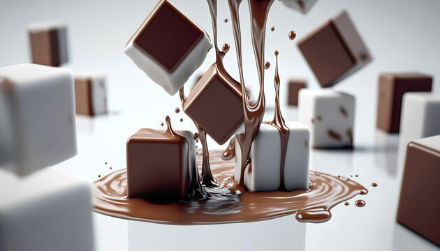 Chocolate cube,square with milk mixing for demonstration food background.ai generated images