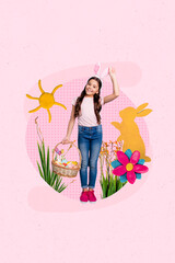 Creative brochure collage postcard of child girl wear bunny ears enjoy easter competition collect many color eggs