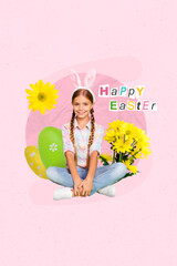 Obraz na płótnie Canvas Creative picture poster collage of adorable kid girl wear rabbit headband ears enjoy eggs hunt celebrate easter