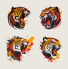 Set of fierce tiger heads with wide open roaring mouth