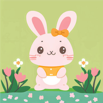 Hop into Fun with this Adorable Vector Rabbit Illustration! Surrounded by Lush Greenery, Trees, and Blooming Flowers, Perfect for Children's Books, Nature-Themed Designs, and Springtime Projects