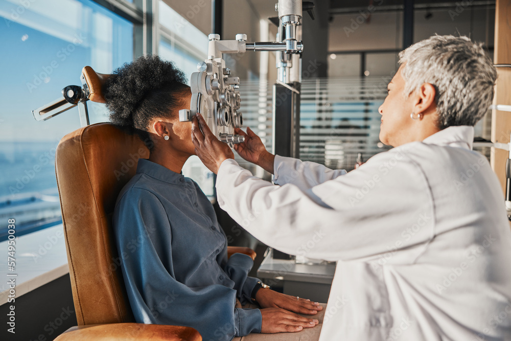 Wall mural vision test, eye exam and black woman with optometrist for testing, eyesight and optical assessment.