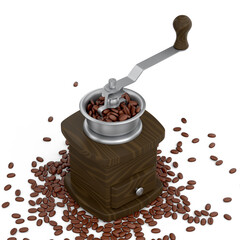 Manual wooden coffee grinder with coffee beans on white background.