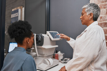 Digital eye exam, vision and health for eyes, optometry and doctor with patient, eyecare and...
