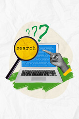 Banner magazine poster collage of business person use netbook search link address find data...