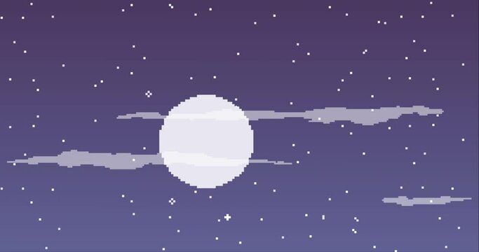 Pixel animation. Night, Moon, sky, stars and clouds animation. Pixel background video, old school style 8 bit. For video game and other projects. 