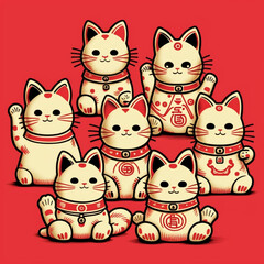 Fototapeta premium Many Maneki nekos on a red background. Generative AI.