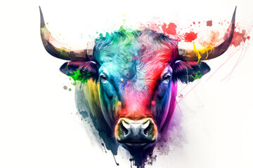 Bull head with colorful splashes on white background. 