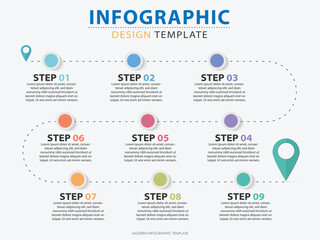 Infographic design template. Timeline concept with 9 options or steps template. layout, diagram, annual, pin location, start up, report, presentation. Vector illustration.