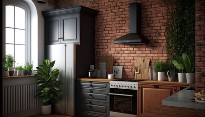 modern, contemporary, beautiful kitchen with natural brick walls for a contemporary atmosphere