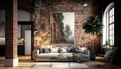 Fototapeta na wymiar modern, contemporary, beautiful living room with natural brick walls for a contemporary atmosphere