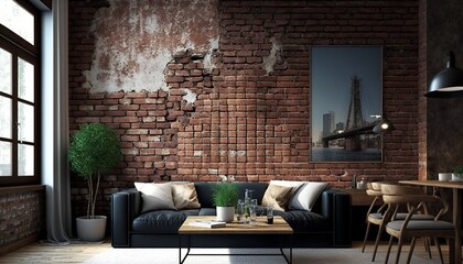 modern, contemporary, beautiful living room with natural brick walls for a contemporary atmosphere