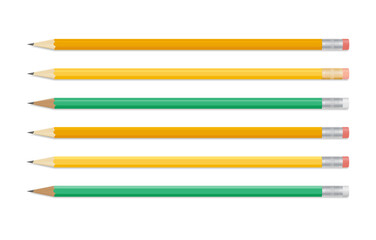 A set of simple pencils with an eraser. Green, yellow, orange. Isolated on a white background.