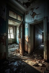 Fototapeta na wymiar Broken room from an abandoned old house, generative ai