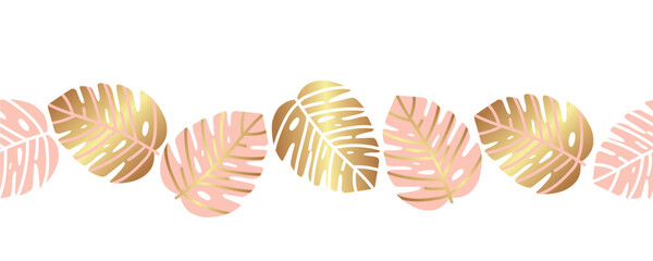 Seamless banner with monstera leaves in pastel colors. Summer tropical style. Boho foliage botanical tropical leaves pattern design.