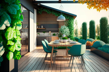 generative ai illustration of modern Wooden terrace with wooden table and chairs, food on the table, many green plants, modern look, great modern house in the background