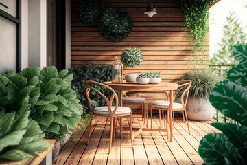 Fototapeta na wymiar generative ai illustration of modern Wooden terrace with wooden table and chairs, food on the table, many green plants, modern look, great modern house in the background