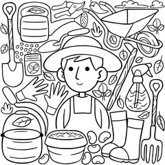 Man Farmer Kawaii Doodle Line Art Vector Illustration