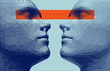 Two opponents facing each other. People talk face to face. Illustration of the communication between two humans. Mind reading concept. Battle with yourself. Vector in сoarse and fine style. - obrazy, fototapety, plakaty