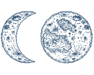 Mystical lunar sketch logo icon. For cosmetics, beauty, tattoo, spa, manicure, jewelry store. Moon and crescent in vintage hand drawn style. Boho style tattoo design. Mystical drawing. © EVGENIY