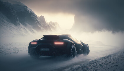 Fast car concept created with Generative AI. Driving on a mountain road covered in snow in the winter.