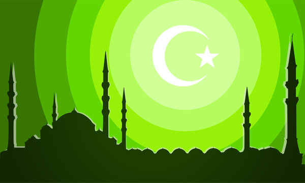 Islamic background for ramadan kareem, eid mubaraq and ied adha. Seemless design with mosque silhouettes in green color. 
