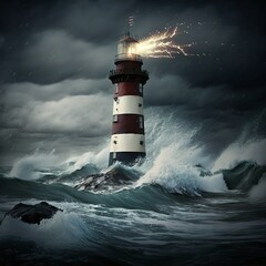 Lighthouse Trying to Illuminate the High Seas on a Stormy Night with Extremely High and Dangerous Waves Generated by AI