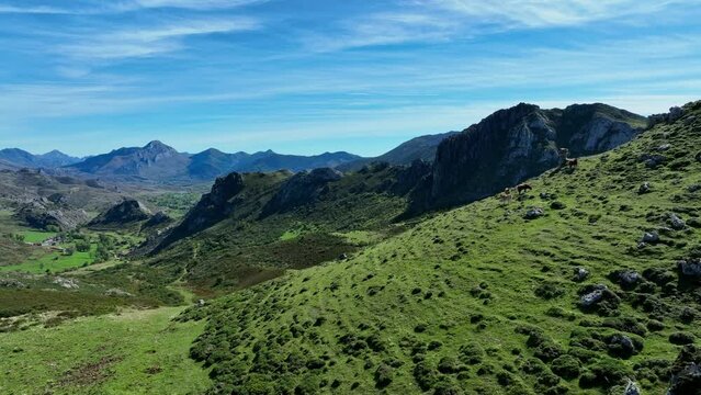 Cubillas de Arbas mountains aerial view, reveal shot
