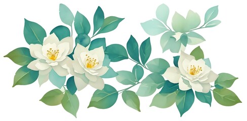 Colorful bright watercolor flower and leaf in japanese style without text, maximum texture, proportianate. Generate AI