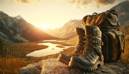 Old leather Backpack and Boots standing in beautiful mountain landscape with sunrise sunlight. Generated AI Illustration. - 574954673