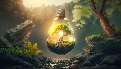 Renewable energy concept, green light bulb in forest, Generative AI. - 574955014