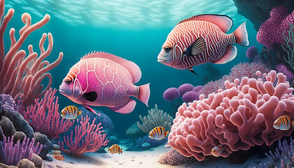 Sea background with tropical fish and coral reefs new quality universal colorful technology stock image illustration design, generative ai - obrazy, fototapety, plakaty
