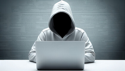 Anonymous hacker with white hoodie typing computer laptop. Concept of ethical hacking. Cybersecurity, Cybercrime, Cyberattack. - obrazy, fototapety, plakaty