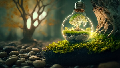 Renewable energy concept, green light bulb in forest, Generative AI. - 574955202