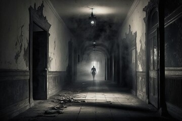 Fototapeta premium a man standing at the and of a dark hallway from an abandoned house, generative ai