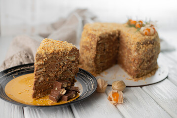 Homemade baked cake with chocolate